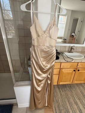 Azazie Champagne Gold Satin Ruched V-Neck Slip Dress